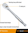 Close-up of 120XP ratchet with teardrop low profile head and full polish chrome finish, part of the 51 Piece One Quarter Inch Drive Six Point 120XP Mechanics Tool Set Standard And Deep Sockets SAE And Metric With Ratchets Extensions And Accessories For Pros And DIY Home Repairs.