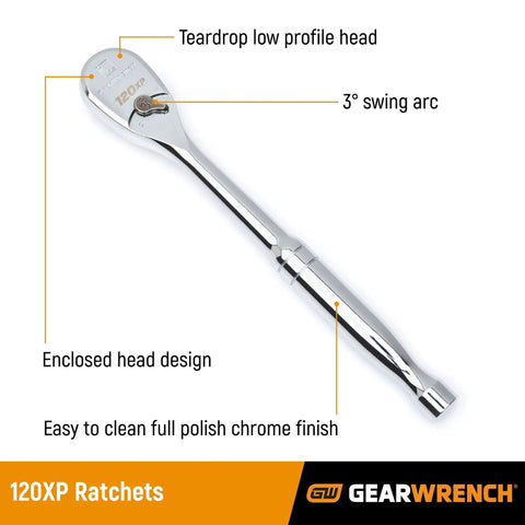 120XP chrome ratchet with teardrop low profile head from 56 Piece Three Eighth Inch Drive Mechanic Tool Set With 120XP Sockets