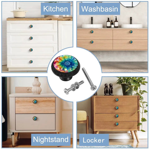 Four Piece Round Cabinet Knob Set installed on kitchen, washbasin, nightstand, locker drawers, colorful kid-friendly style