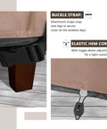 Close-up of buckle strap and elastic hem cord on Waterproof Rectangular Outdoor Coffee Table Cover 48x26x18 Inch 600D Polyester.