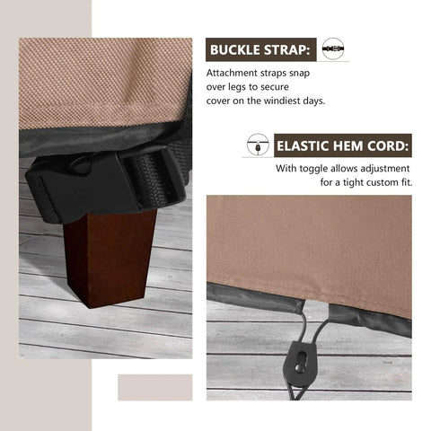 Close-up of buckle strap and elastic hem cord on Waterproof Rectangular Outdoor Coffee Table Cover 48x26x18 Inch 600D Polyester.