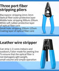 Pro Grade All In One Fiber Optic Tool Kit With Rechargeable Power Meter L C7 Visual Fault Locator Fiber Cleaver X5 Wire Stripping Pliers Aramid Scissors Peelers And FTTH Hot Melt Cold Connection Kit featuring three port fiber stripping pliers and leather wire stripper