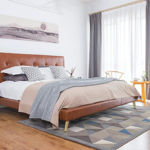 Bedroom with a modern leather bed on brushed gold furniture legs set 4 pcs 10cm gamechanger replacement for mid-century modern design