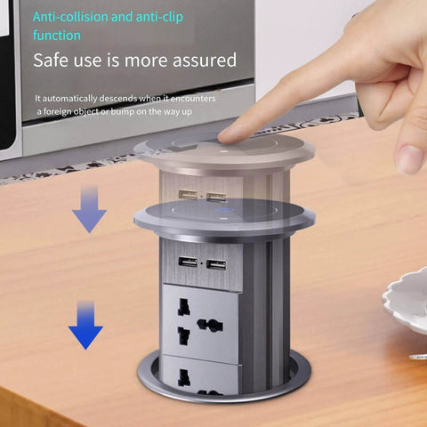 Slick Auto Rising Desk Power Strip With Fast Wireless Charger Tempered Glass Top hidden flush mount socket in use on wood desk.