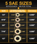 Heavy Duty Grade 8 SAE Flat Washer Set 150 Pcs Kit With 30 Pieces Each In Quarter Inch Five Sixteenths Inch Three Eighths Inch Seven Sixteenths Inch And Half Inch Alloy Steel Washers Built To Last Tough As Nails For DIY Auto Home Projects size chart