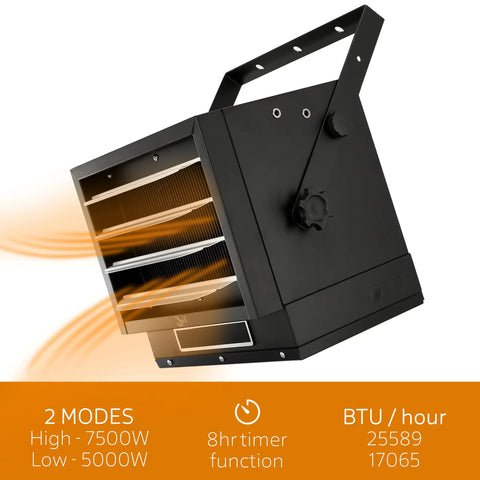 Top Shelf 7500 Watt Hardwired Garage Heater With Smart Remote And Smooth Vertical Horizontal Airflow Matte Black Finish, showing heating element and airflow.