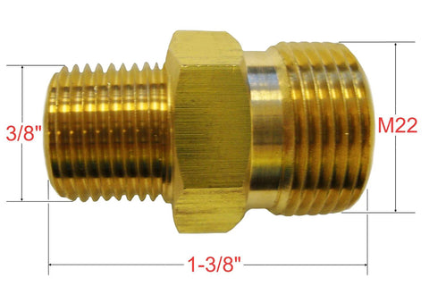 Side view brass high-pressure washer adapter M22 to 3/8 in. male pipe thread, 1-3/8 in long
