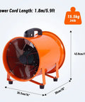 Heavy Duty Utility Blower Exhaust Fan 12 Inch High Velocity 3500 CFM 3500 RPM Low Noise Ventilation 580W AC Motor side view