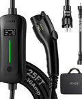 Level 1 And Level 2 J1772 EV Charger With 25 Foot Extension Cord Portable 240V 16A Electric Car Charger NEMA 6-20 Plug And 120V NEMA 5-15 Adapter Works With All SAE J1772 EVs, including cord, plug, adapter, and carrying case.
