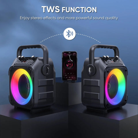 Totally Party-Ready Portable Bluetooth Karaoke System With Two Wireless Mics displaying LED lights and TWS function