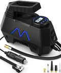 Portable Tire Inflator Air Compressor With Digital Pressure Gauge, 12V DC Car Pump, showing adapters and LED screen