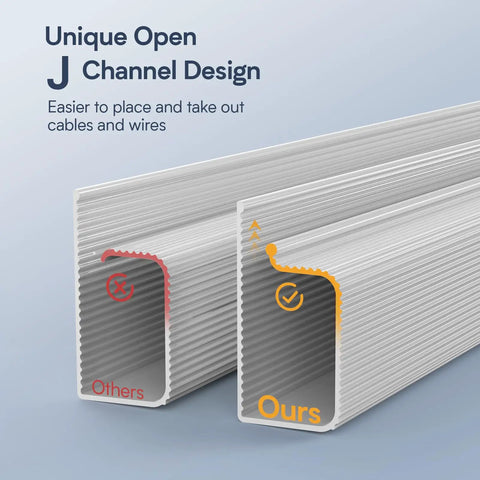 Unique open J-channel in 4 Pack Under Desk Cable Management Kit for office and home, easier cable placement and removal.