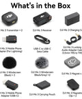 Image showing items in the On The Go Wireless Microphone System With 2 Transmitters And 1 Receiver In Charging Case For iPhone Android And Cameras, 32 Bit Float Internal Recording, Dual Band Anti Interference, including adapters and accessories.