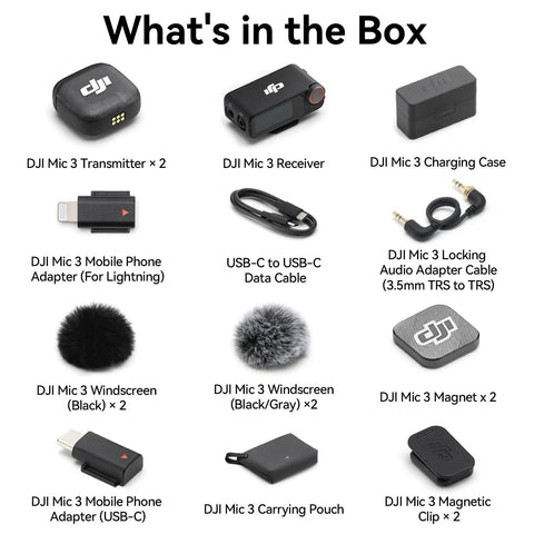 Image showing items in the On The Go Wireless Microphone System With 2 Transmitters And 1 Receiver In Charging Case For iPhone Android And Cameras, 32 Bit Float Internal Recording, Dual Band Anti Interference, including adapters and accessories.