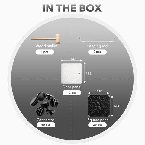 In the box contents for Modular Wardrobe Closet System with door panels, wood mallet, connectors, hanging rod, and square panels.