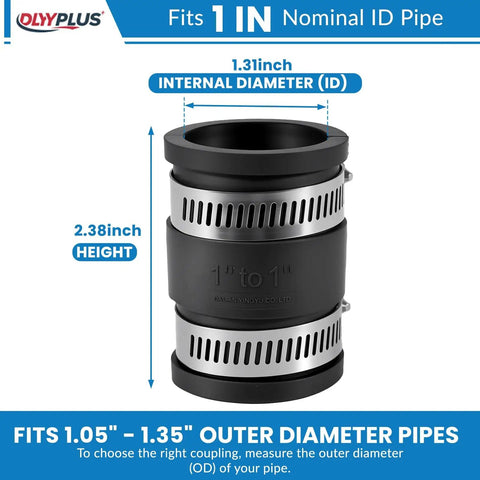 Two Pack 1 Inch Flexible PVC Pipe Coupling With Stainless Steel Clamps For Plastic And Copper Plumbing Connections, DIY Ready