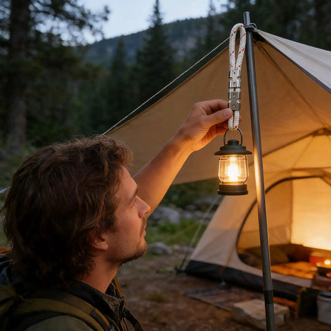 Person hanging a lantern using Six Pack 304 Stainless Steel Rope Clamps with Thimble Fittings on a tent pole