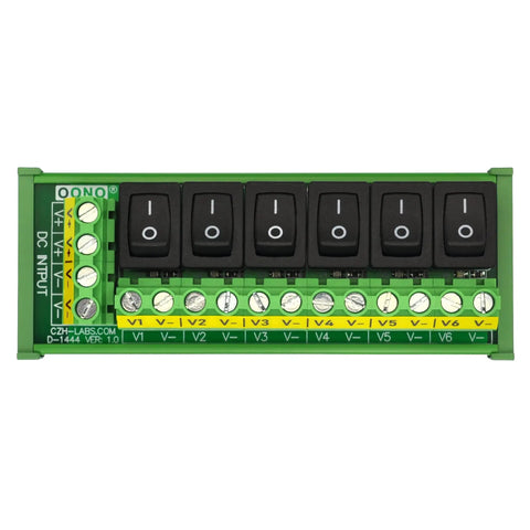 Beefy Six Channel DC Power Distribution Strip with DIN Rail Mount and Rocker Switches, 0 to 50V, 30A Total