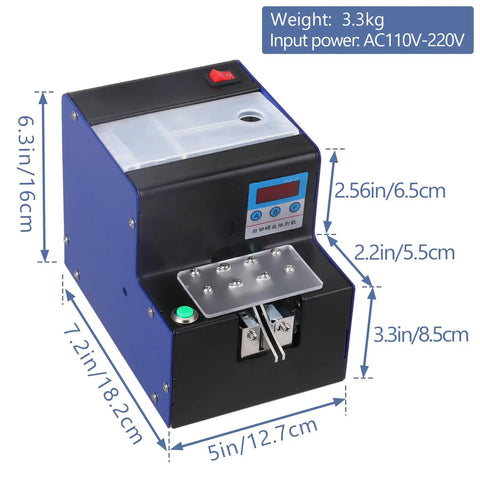 Automatic Screw Feeder Machine With Digital Display Counts M1.0 To M5.0 Fasteners, showing dimensions and digital controls.