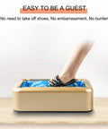 User demonstrating No Sweat Shoe Cover Dispenser Machine With 200 Disposable Boot And Shoe Covers for home, store, office use.