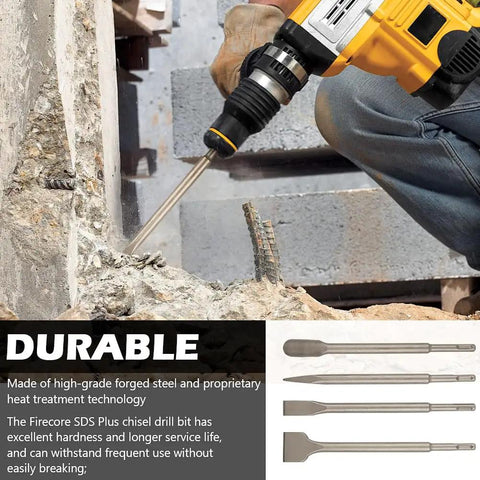 Worker using SDS Plus rotary hammer with Tile Removal Chisel Set For SDS Plus Rotary Hammer Tough As Nails Heavy Duty Four Piece Demolition Bit Kit.