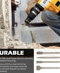Masonry Chisel Set For SDS Plus Rotary Hammer, 4 Piece Tile Removal Bits Kit in use for heavy-duty concrete wall chiseling.