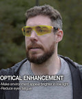 Man outdoor wearing Yellow Lens Safety Glasses With Blue Light Blocking And Night Vision Enhancement For Shooting, Gaming And Low Light Work