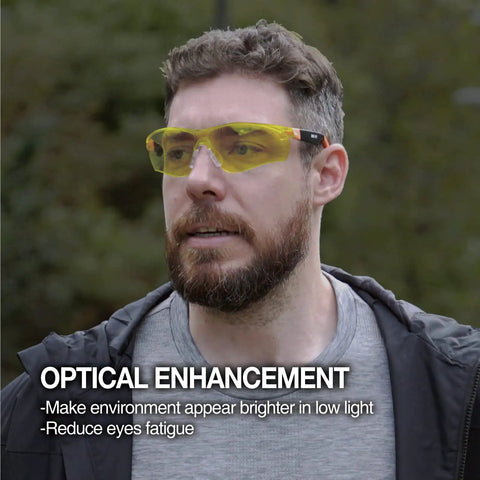 Man outdoor wearing Yellow Lens Safety Glasses With Blue Light Blocking And Night Vision Enhancement For Shooting, Gaming And Low Light Work