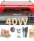 Falcon2 Pro 40W Desktop Diode Laser Engraver With Enclosure Smart Camera And Air Assist For Wood Acrylic Leather And Stone Safe Class 1 Engraving Machine with various engraved items displayed