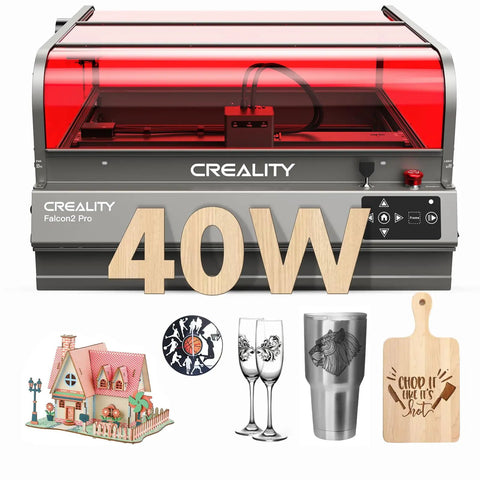 Falcon2 Pro 40W Desktop Diode Laser Engraver With Enclosure Smart Camera And Air Assist For Wood Acrylic Leather And Stone Safe Class 1 Engraving Machine with various engraved items displayed