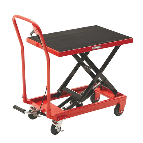 Heavy Duty Hydraulic Scissor Table Cart Featuring Foot Pedal Lift And 500 Lb Capacity For Job Site Tasks And No Sweat Material Moving On Smooth Caster Base With Swivel Brake Casters And Durable Steel Deck