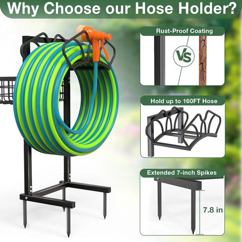 Upgraded Garden Hose Holder With Large Basket Heavy Duty And Sturdy Base Freestanding Hose Stand That Detaches And Reels Supports Up To 160 Feet Of Hose Weather Resistant Easy To Assemble For Yard Lawn Farm displaying coiled hose
