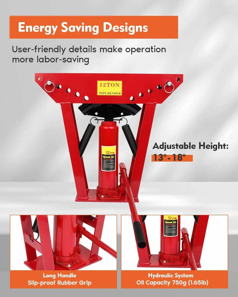 Heavy Duty 12 Ton Hydraulic Pipe Bender Tool For Copper Tubing And Steel, adjustable height, long handle, ergonomic design.