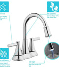 Lit Water Powered LED Light Bathroom Faucet With High Arc And Two Handles Polished Chrome Finish Modern Sink Tap, labeled features