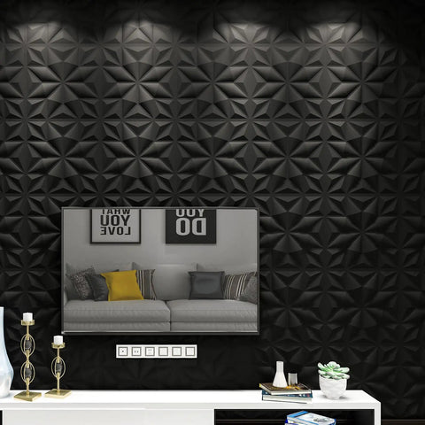 Black Diamond 3D Wall Panels Pack Of 12 Tiles 32 Sq Ft Dope Matte Black PVC Decor with diamond and floral pattern behind TV.
