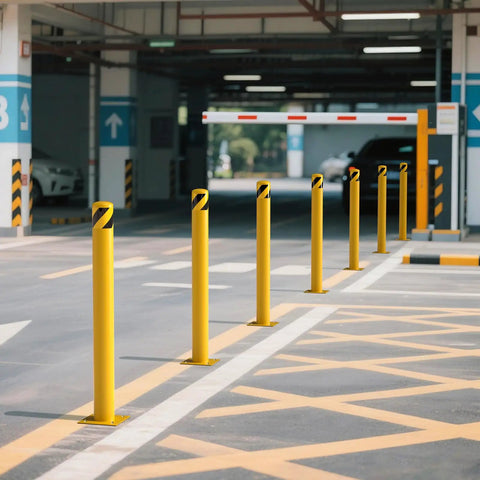 Rock Solid 2 Pack Carbon Steel Security Bollards, Heavy Duty 42 Inch Parking Barrier Posts With Impact Resistant Yellow Powder Coating For Home Garages And Driveways lined along a parking area.