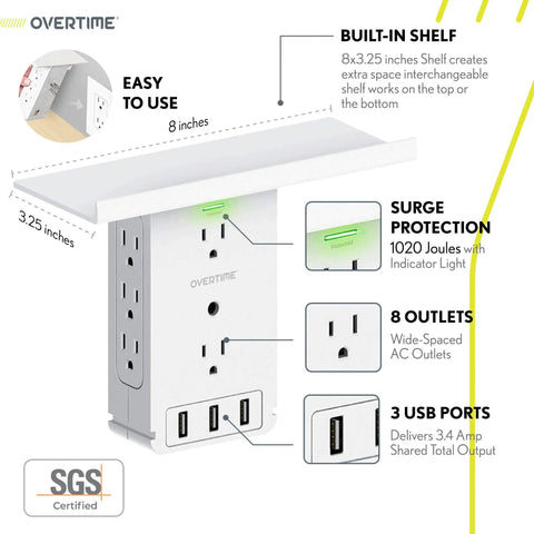 8 Outlet Wall Outlet Extender With 3 USB Ports And Built In Shelf Charging Station, Cable Organizer, Plug And Play, No Tools Required, White 2 Pack Bundle, featuring built-in shelf and surge protection