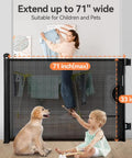 Retractable Baby Gate for Stairs and Doorways, 0-71 Inch Adjustable Mesh Gate, 33 Inch Tall, black mesh gate with child and dog