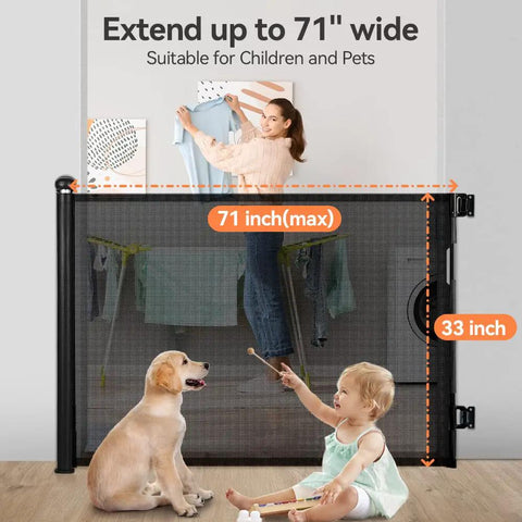 Retractable Baby Gate for Stairs and Doorways, 0-71 Inch Adjustable Mesh Gate, 33 Inch Tall, black mesh gate with child and dog