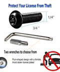 Anti Theft Black License Plate Screws Set For Cars Locking Bolts For Front And Rear Mounting M6 Stainless Steel, wrench options displayed