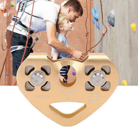 Zip Line Pulley Kit 30kN Tandem Speed Dual Trolley with aluminum alloy housing and stainless steel bearings for climbing use.