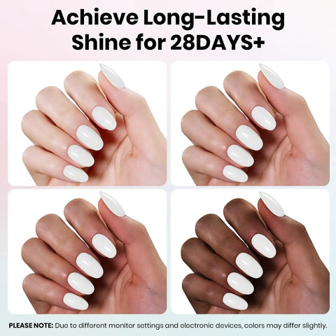 Hands with white gel polish from HEMA Free Gel Polish Set With Base Coat And Top Coat For Sensitive Nails White Gel Nail Polish 15ml UV LED Soak Off Gel Kit For At Home DIY French Tip Mani.