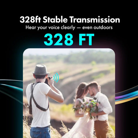 Photographer using NanoMic Wireless Lavalier Microphone System for Cameras - Clip-On TRS Wireless Mic Pack during outdoor wedding
