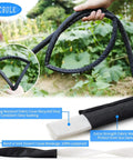 Flat Soaker Hose Kit With Stakes For Garden, 100 Ft Total Or 2x50 Ft Linkable Drip Hose DIY Irrigation System That Saves Up To 80 Percent Water, No-Fuss Dual Layer Leak Free Design With Perforated Holes For Even Wetting shown in use, highlighting fabric cover and leakproof feature in garden setting.