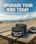 Beefy Heavy Duty Fat Bike Inner Tube 20x4.0 on wooden bench by scenic coastal road, featuring durable butyl rubber with Schrader valve.