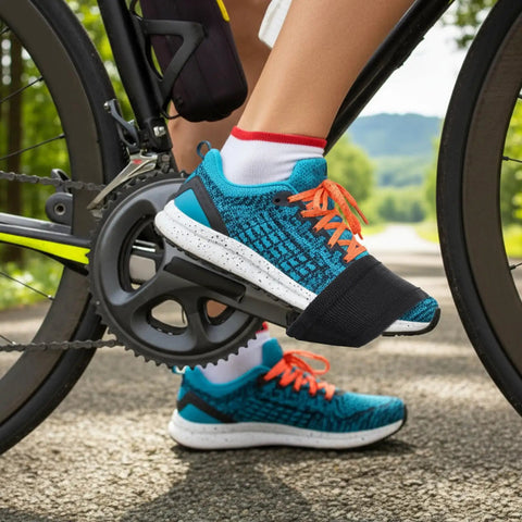 4 Pack Black Pedal Straps For Fixed Gear Bikes on cyclist's shoe, adjustable foot rest strips for secure footing on pedals and cleats
