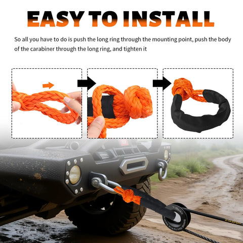 Beefed-Up Two Pack Half Inch By 22 Inch Soft Shackles For Recovery With 37500 Lbs Breaking Strength, Heavy Duty tow shackle installed on Jeep bumper