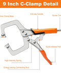 9-inch C-Clamp detail showing protective base, anti-slip handle, screw trim twist, and quick-release handle labeling.