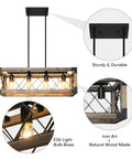Diagram of 5 Light Rustic Farmhouse Linear Chandelier For Kitchen Island And Dining Room 27 Inch Wood And Metal Pendant Light Over Table