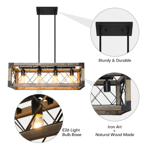 Diagram of 5 Light Rustic Farmhouse Linear Chandelier For Kitchen Island And Dining Room 27 Inch Wood And Metal Pendant Light Over Table